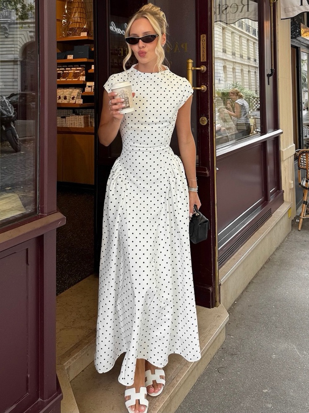 Elegant White Polka Dot Maxi Dress - Picture 1 of 16